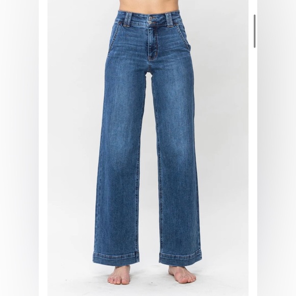 High Waist Double Button Wide Leg Jeans in Medium Blue by Judy Blue Size 20W NWT - Picture 3 of 7